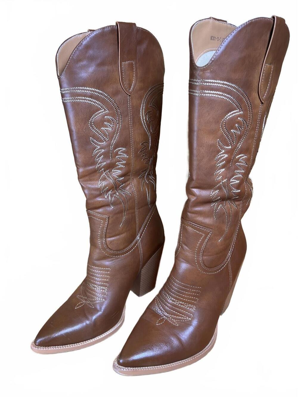 Insom Women’s Brown Leather Western Cowboy Boots with Embroidered Detailing